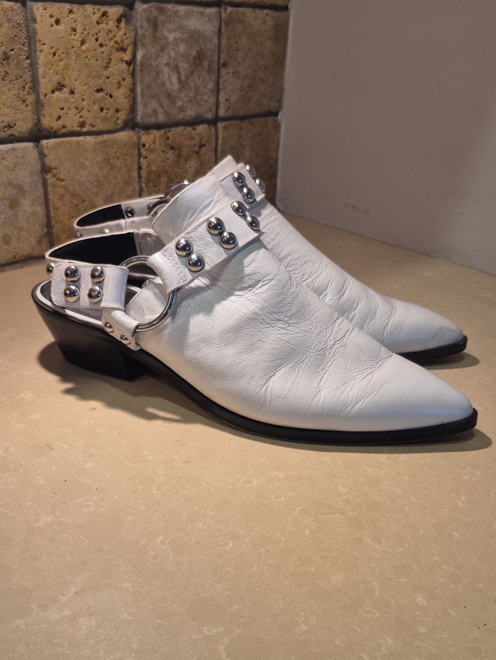 Rebecca Minkoff Women's 10 White Studded Slingback Pointed-Toe Mule